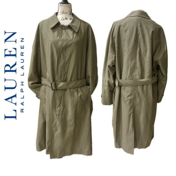 VINTAGE RALPH LAUREN TRENCH COAT BELTED OLIVE GREEN ZIP LINER SZ 42R AESTHETIC - Picture 2 of 16